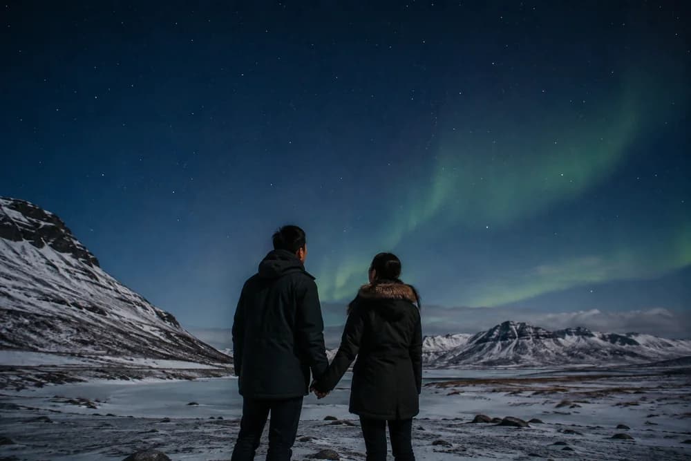 Una coppia osserva l’aurora boreale